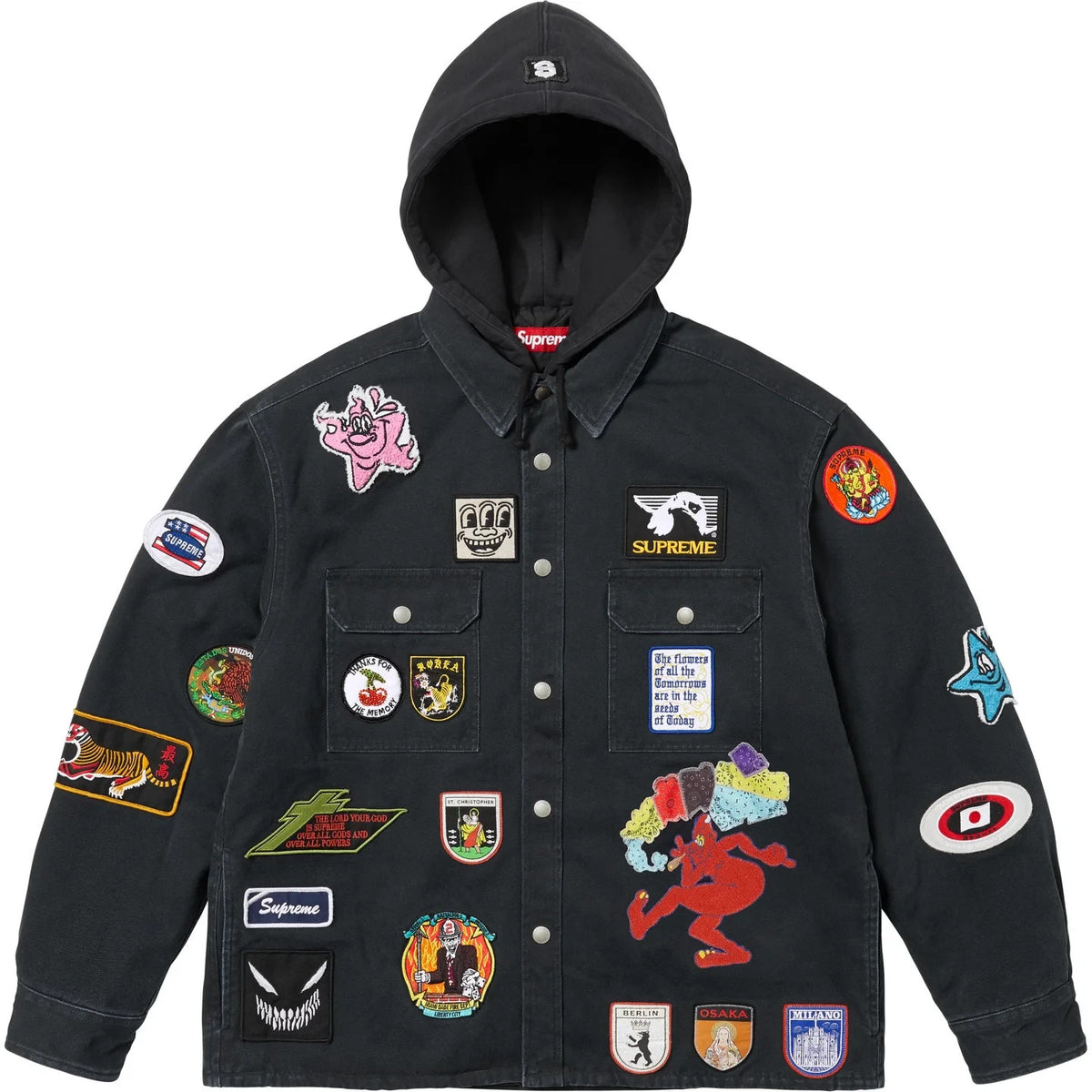 Supreme Patches Hooded Zip Up Shirt Black