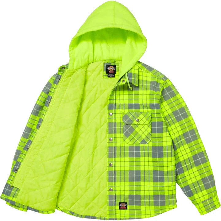 Supreme Dickies Lined Zip Up Hooded Flannel Shirt Fluorescent Green
