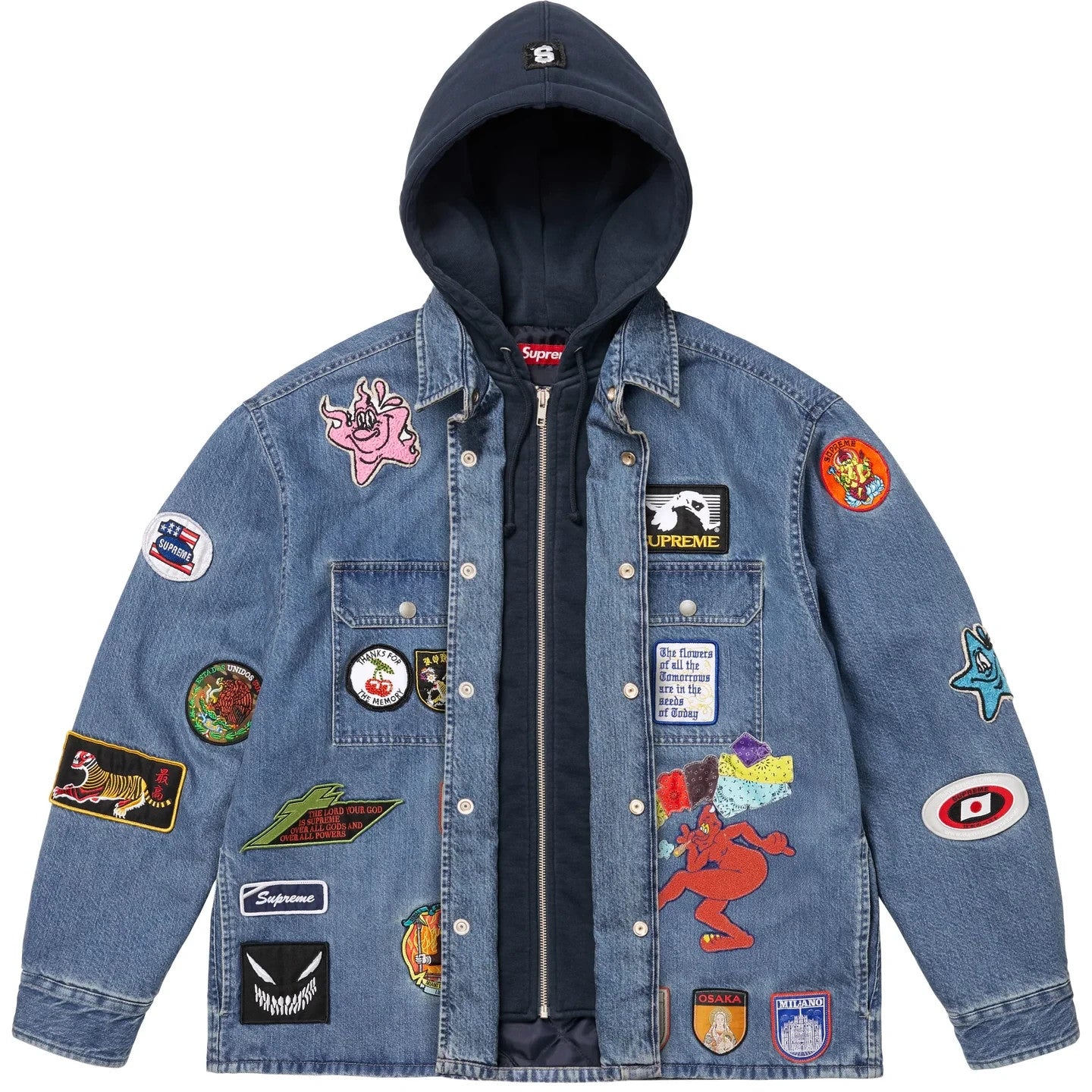 Supreme Patches Hooded Zip Up Shirt Denim