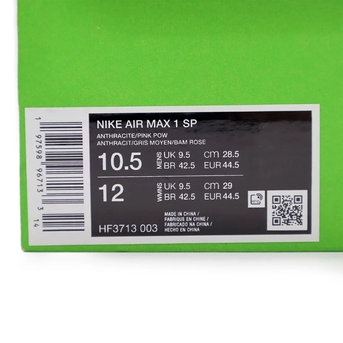 HF3713-003 HUF Nike Air Max 1 Anthracite Pink Pow (Men's)