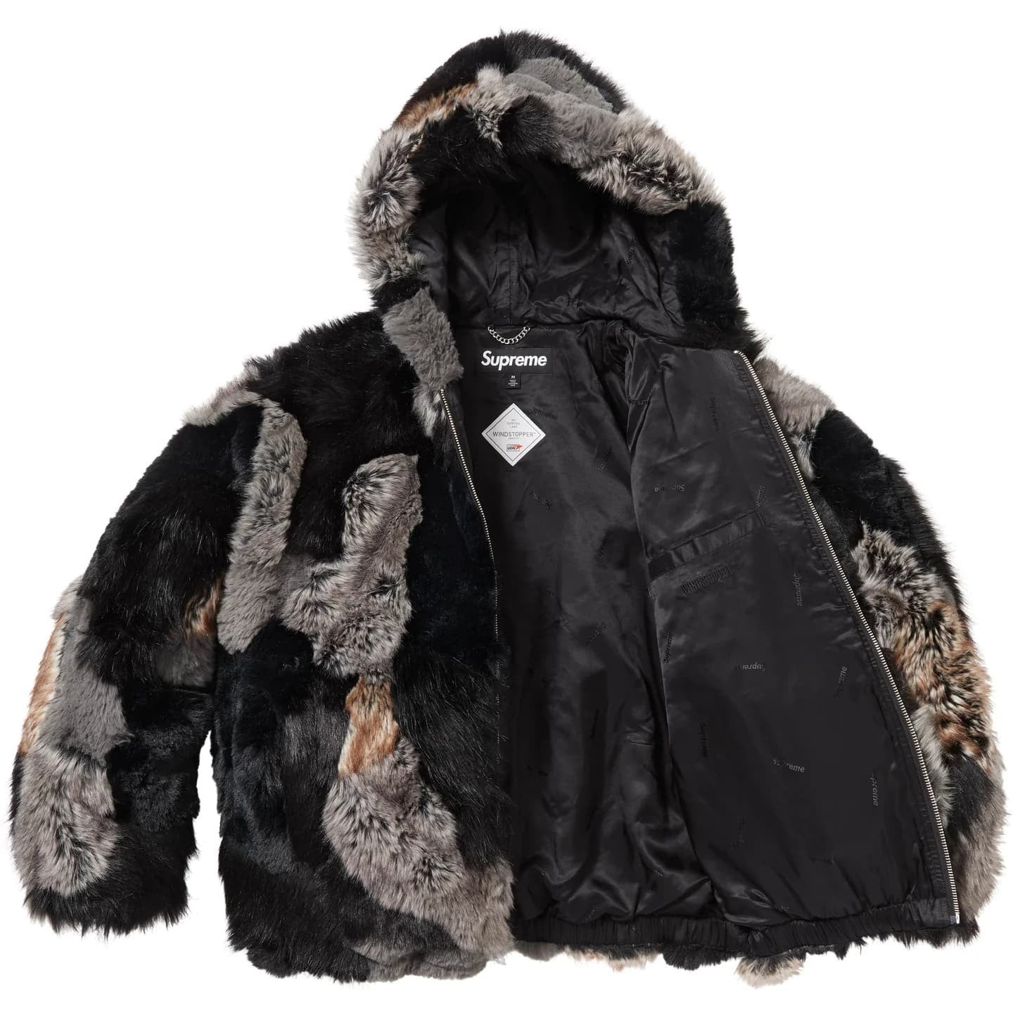 Supreme Patchwork WINDSTOPPER Hooded Faux Fur Jacket Black